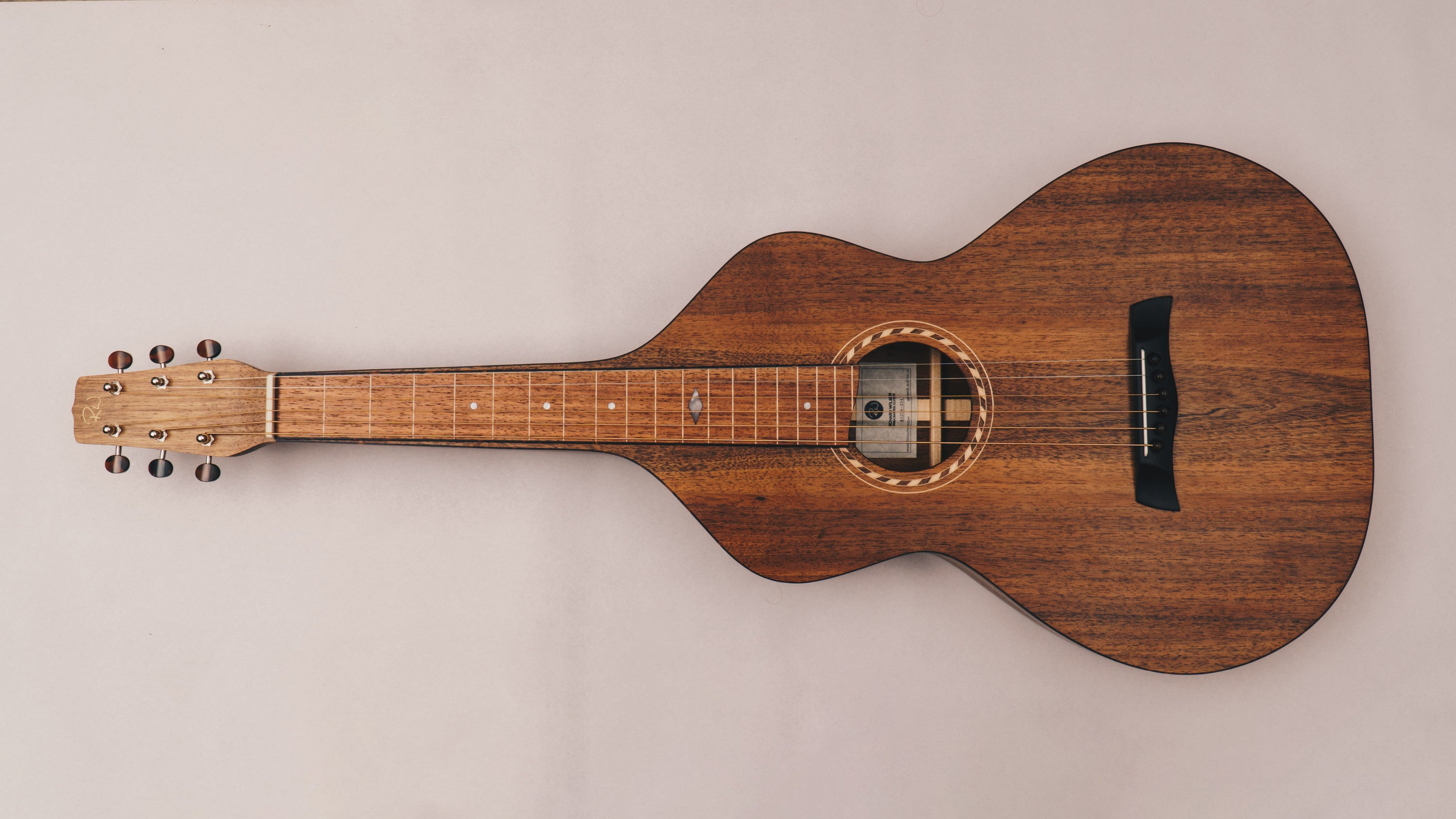 Style 2 Weissenborn guitar featuring tortoiseshell binding, tuning machines and bridge pins by Richard Wilson.