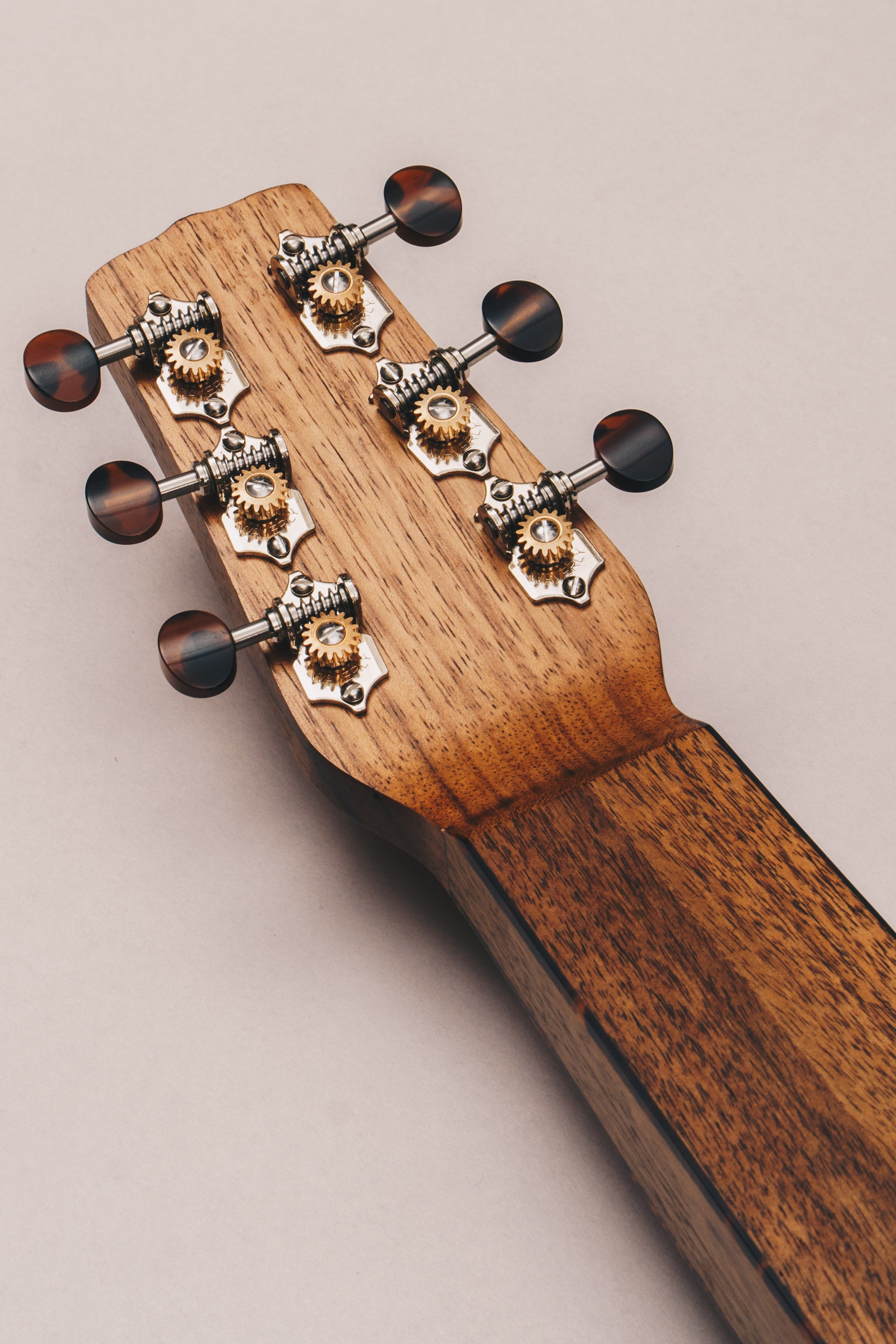 Style 2 Weissenborn guitar featuring tortoiseshell binding, tuning machines and bridge pins by Richard Wilson.